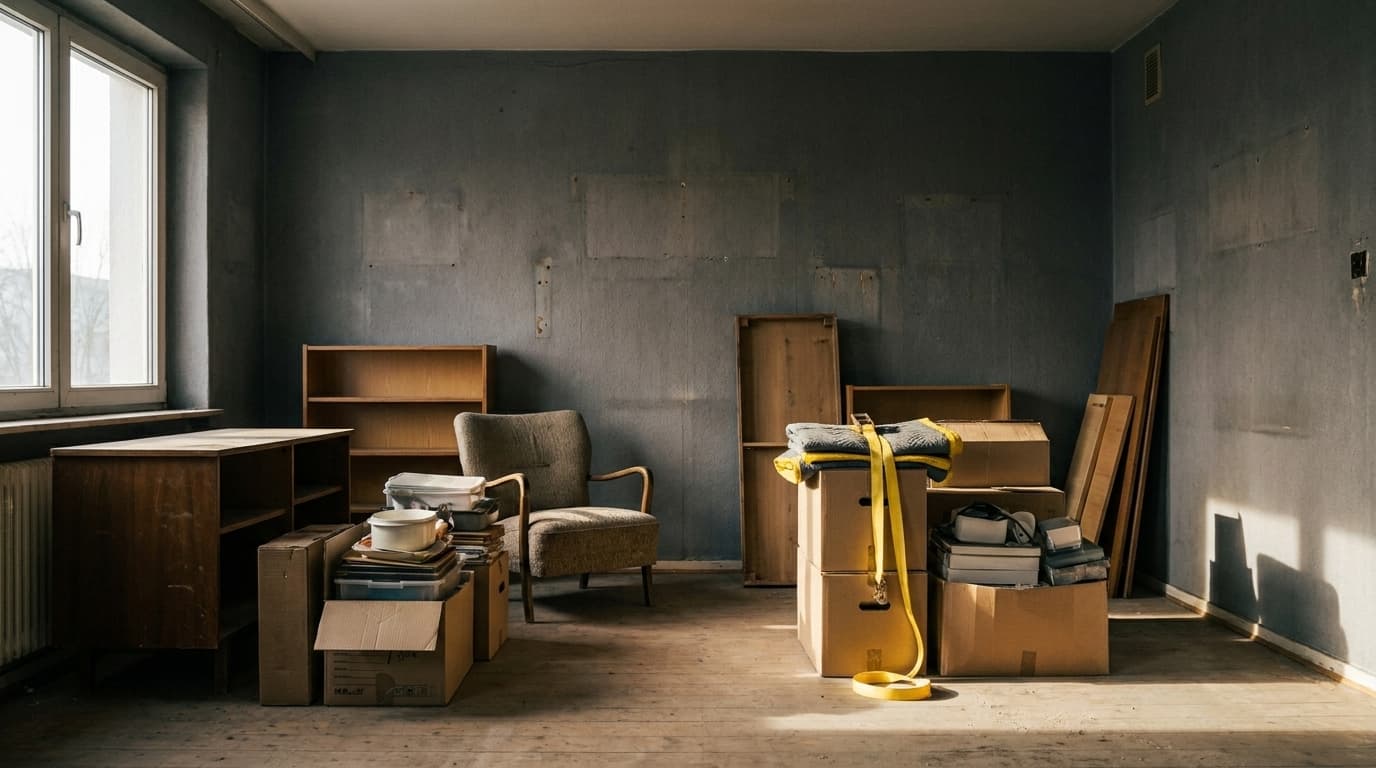 Ausgeräumtes Zimmer mit sortierten Möbeln und Kartons
