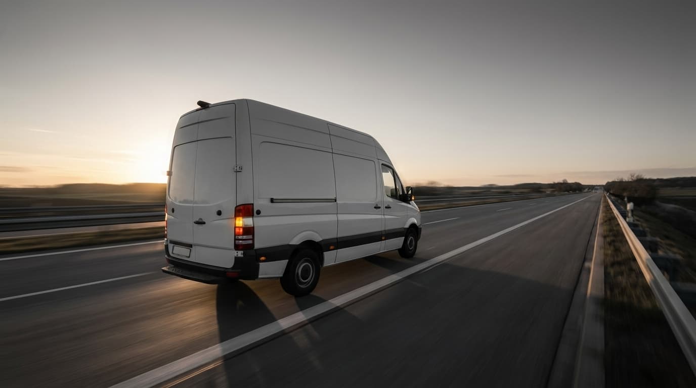 Weißer Transporter auf der Autobahn im Abendlicht